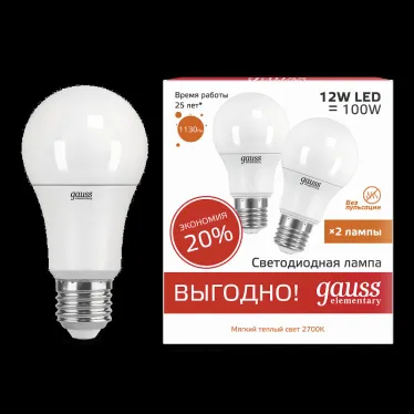 Лампа светодиодная Elementary A60 12W 3000K E27 (2 лампы в упаковке) LED 1/50 | 23212P | Gauss
