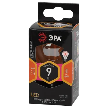 Лампа светодиодная F-LED P45-9W-827-E14 gold (филамент, шар золот, 9Вт, тепл, E14) | Б0047022 | ЭРА
