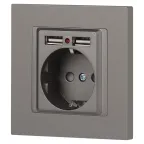 Розетка Intro Accent 6-410-09 P+E Schuko со шторками, 16А-250В + 2хUSB, IP20, СУ, титан