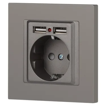 Розетка Intro Accent 6-410-09 P+E Schuko со шторками, 16А-250В + 2хUSB, IP20, СУ, титан
