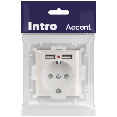 Розетка Intro Accent 6-410-06 , P+E Schuko со шторками, 16А-250В + 2хUSB, IP20, СУ, перламутр