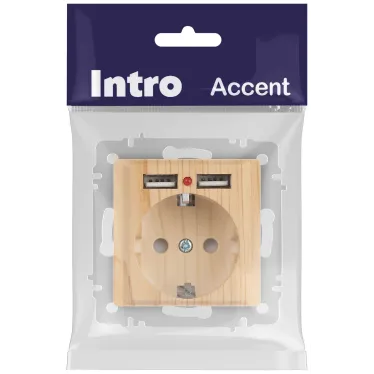 Розетка Intro Accent 6-410-11 , P+E Schuko со шторками, 16А-250В + 2хUSB, IP20, СУ, сосна