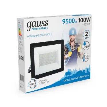 Прожектор светодиодный ДО 100 Вт 9500 лм 6500К AC 220В IP65 234х245х37мм Elementary G2 Gauss