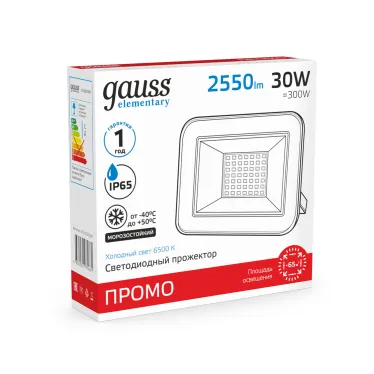 Прожектор светодиодный ДО 30 Вт 2550 лм 6500К AC 220В IP65 118х131х30мм Elementary PROMO Gauss