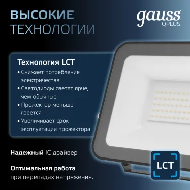 Прожектор светодиодный ДО 50 Вт 6000 лм 6500К AC 220В IP65 150х28х185мм матрированное закаленное стекло Qplus Gauss