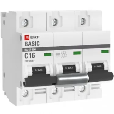 Выключатель автоматический трехполюсный 3P 16А (C) 10kA ВА 47-100 Basic | mcb47100-3-16C-bas | EKF