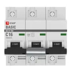 Выключатель автоматический трехполюсный 3P 16А (C) 10kA ВА 47-100 Basic | mcb47100-3-16C-bas | EKF