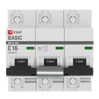 Выключатель автоматический трехполюсный 3P 16А (C) 10kA ВА 47-100 Basic | mcb47100-3-16C-bas | EKF