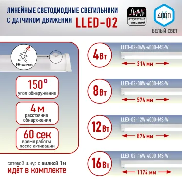 Светильник светодиодный линейный LLED-02-08W-4000-MS-W с датчиком движения (25/875)