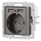 Розетка Intro Accent 6-410-09 P+E Schuko со шторками, 16А-250В + 2хUSB, IP20, СУ, титан