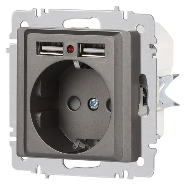 Розетка Intro Accent 6-410-09 P+E Schuko со шторками, 16А-250В + 2хUSB, IP20, СУ, титан