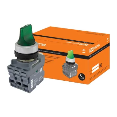 Переключатель на 3 положения с фиксацией M3SS1-21G короткая ручка(LED) d22мм/220B 1з+1р зеленый | SQ0747-0075 | TDM