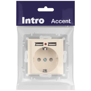 Розетка Intro Accent 6-410-02 , P+E Schuko со шторками, 16А-250В + 2хUSB, IP20, СУ, слоновая кость