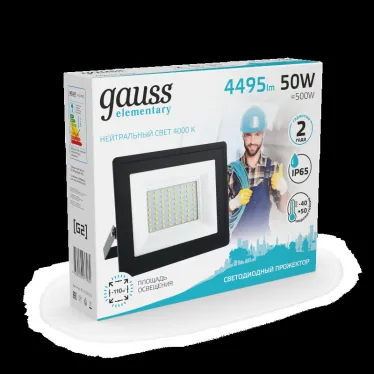 Прожектор светодиодный  Elementary 50W 4475lm 4000К 200-240V IP65 черный LED 1/10 | 613100250 | Gauss