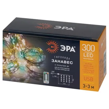 Гирлянда Занавес ЕGNIG - ZM с пультом, мультиколор, 300 LED, 3*3 м, с пультом, USB, 220 V, IP20 | Б0056000 | ЭРА