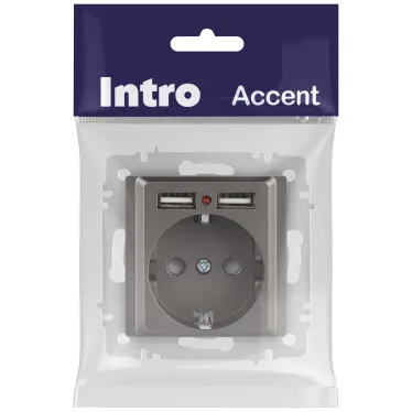 Розетка Intro Accent 6-410-09 P+E Schuko со шторками, 16А-250В + 2хUSB, IP20, СУ, титан