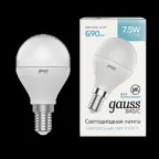                  Лампа светодиодная Basic Шар 7,5W 690lm 4100K E14 LED 1/10/100 | 1053128 | Gauss
               