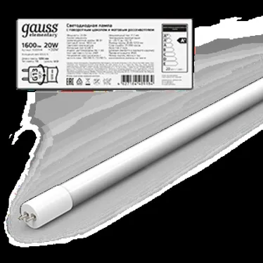 Лампа светодиодная Elementary T8 20W 1600lm 6500K G13 1200mm стекло поворотная LED 1/30 | 93039-R | Gauss