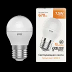                  Лампа светодиодная Basic Шар 7,5W 670lm 3000K E27 LED 1/10/100 | 1053218 | Gauss
               