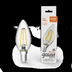                  Лампа светодиодная Basic Filament Свеча 4,5W 400lm 2700К Е14 LED 1/10/50 | 1031115 | Gauss
               
