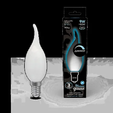 Лампа светодиодная Filament Свеча на ветру 9W 610lm 4100К Е14 milky диммируемая LED 1/10/50 | 104201209-D | Gauss