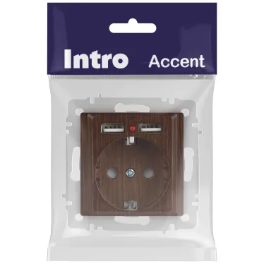 Розетка Intro Accent 6-410-10 , P+E Schuko со шторками, 16А-250В + 2хUSB, IP20, СУ, венге