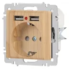 Розетка Intro Accent 6-410-11 , P+E Schuko со шторками, 16А-250В + 2хUSB, IP20, СУ, сосна
