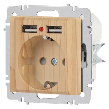 Розетка Intro Accent 6-410-11 , P+E Schuko со шторками, 16А-250В + 2хUSB, IP20, СУ, сосна