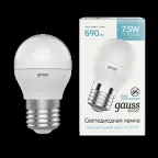                 Лампа светодиодная Basic Шар 7,5W 690lm 4100K E27 LED 1/10/100 | 1053228 | Gauss
               