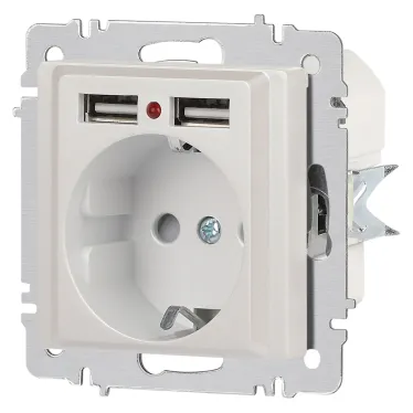 Розетка Intro Accent 6-410-06 , P+E Schuko со шторками, 16А-250В + 2хUSB, IP20, СУ, перламутр