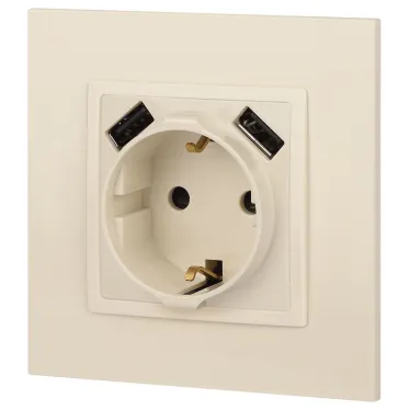 Розетка 2P+E 16A-250В, штор. с 2xUSB 5В-3А, Эра Elegance, слоновая кость 14-4109-02