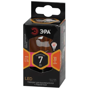 Лампа светодиодная F-LED P45-7W-827-E14 gold (филамент, шар золот, 7Вт, тепл, E14) | Б0047016 | ЭРА