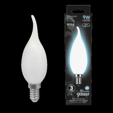 Лампа светодиодная Filament Свеча на ветру 9W 610lm 4100К Е14 milky LED 1/10/50 | 104201209 | Gauss