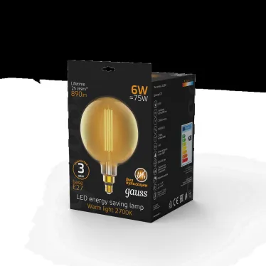 Лампа светодиодная LED Vintage Filament Straight G200 6W E27 200*283mm Amber 890lm 2700K 1/6 | 154802118 | Gauss