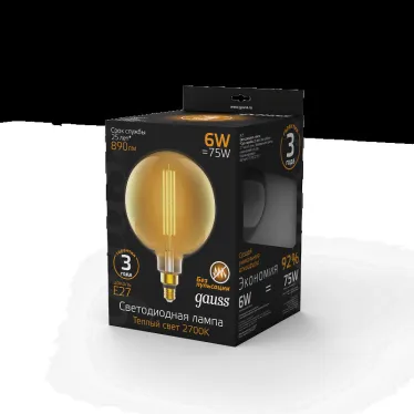 Лампа светодиодная LED Vintage Filament Straight G200 6W E27 200*283mm Amber 890lm 2700K 1/6 | 154802118 | Gauss