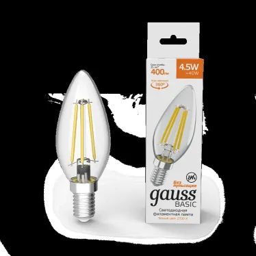 Лампа светодиодная Basic Filament Свеча 4,5W 400lm 2700К Е14 LED 1/10/50 | 1031115 | Gauss