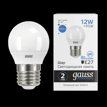 Лампа светодиодная Elementary Шар 12W 950lm 6500K Е27 LED 1/10/100 | 53232 | Gauss