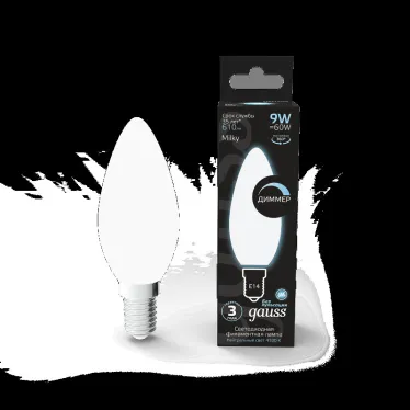 Лампа светодиодная Filament Свеча 9W 610lm 4100К Е14 milky диммируемая LED 1/10/50 | 103201209-D | Gauss