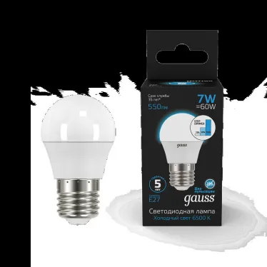 Лампа светодиодная Шар 7W 550lm 6500K Е27 шаг. диммирование LED 1/10/100 | 105102307-S | Gauss