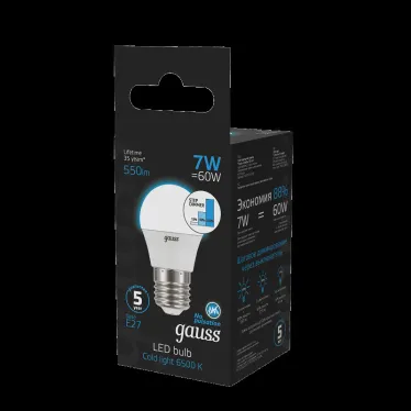 Лампа светодиодная Шар 7W 550lm 6500K Е27 шаг. диммирование LED 1/10/100 | 105102307-S | Gauss