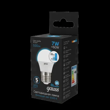 Лампа светодиодная Шар 7W 550lm 6500K Е27 шаг. диммирование LED 1/10/100 | 105102307-S | Gauss