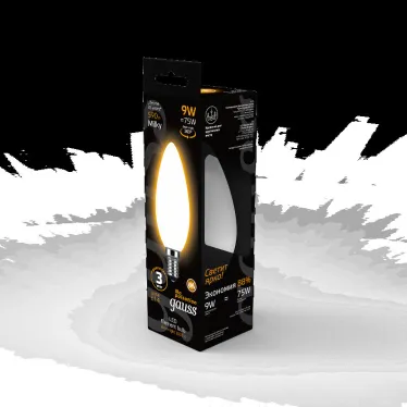 Лампа светодиодная Filament Свеча 9W 590lm 3000К Е14 milky LED 1/10/50 | 103201109 | Gauss