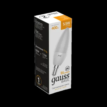 Лампа светодиодная Basic Свеча 5,5W 400lm 3000K E14 LED 1/10/100 | 1033116 | Gauss