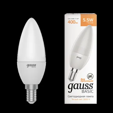 Лампа светодиодная Basic Свеча 5,5W 400lm 3000K E14 LED 1/10/100 | 1033116 | Gauss