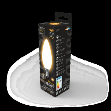 Лампа светодиодная Filament Свеча 9W 590lm 3000К Е14 milky LED 1/10/50 | 103201109 | Gauss