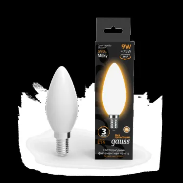 Лампа светодиодная Filament Свеча 9W 590lm 3000К Е14 milky LED 1/10/50 | 103201109 | Gauss