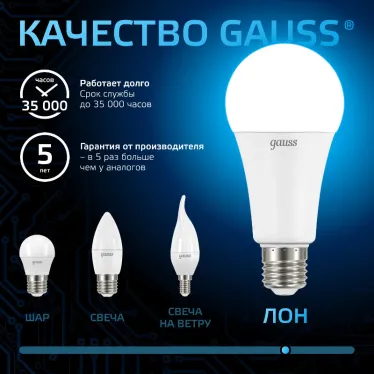 Лампа светодиодная A70 22W 1640lm 6500K E27 LED 1/10/50 | 102502322 | Gauss