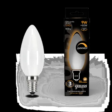 Лампа светодиодная Filament Свеча 9W 590lm 3000К Е14 milky диммируемая LED 1/10/50 | 103201109-D | Gauss