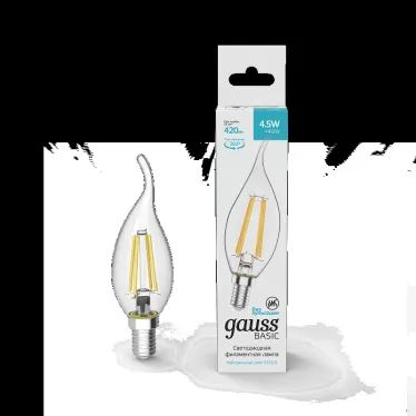 Лампа светодиодная Basic Filament Свеча на ветру 4,5W 420lm 4100К Е14 LED 1/10/50 | 1041125 | Gauss