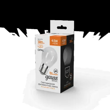 Лампа светодиодная Basic Filament Шар 4,5W 380lm 2700К Е27 milky LED 1/10/50 | 1055215 | Gauss